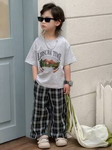 DAZY 两件套男童山形字母印花圆领短袖T恤和格子裤休闲套装 - 灰色 - 查看 5