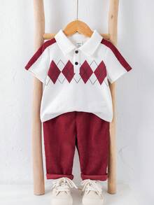 SHEIN 2pcs/Set Baby BoyCasual Versatile Argyle Pattern Short Sleeve Polo Shirt And Red Pants Outfit, Spring/Summer - Red - View 6