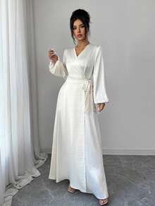 Elenzga Đầm midi nữ bằng vải satin nhăn, cổ chữ V sâu. - Màu be - Xem 3