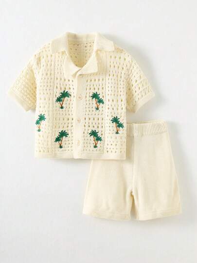 2pcs Young Boys Casual Vacation Palm Tree Crochet Texture Collared Shirt And Shorts Set, Comfortable & Versatile,Toddler Boy Clothes,Toddler