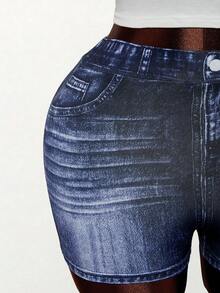 Mistrie 女士牛仔印花修身休闲弹力短裤 - 彩色 - 查看 3