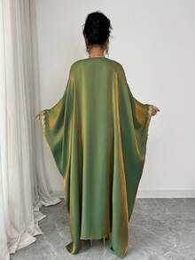 Rafferiza Spring/Summer New Elegant Party Gold Lace Trim Shiny Loose Adjustable Waist Inclusive Fit Women Dress - Green - View 2