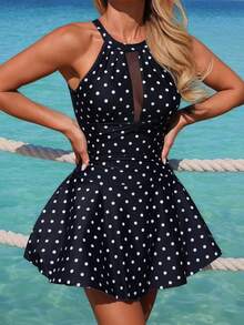 Swim Lushoire 女士波点印花露背沙滩连衣裙，夏季度假 - 黑與白 - 查看 6