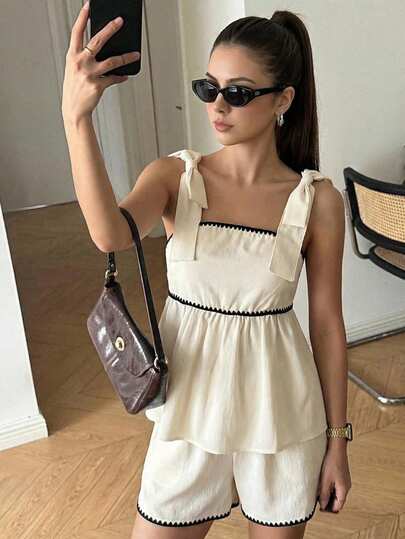 Teenage Girls' Minimalist Contrast Trim Shirt Set, Lightweight & Comfortable Top Paired With Matching Pants, Overall Simple & Fashionable, Suitable For Study, Campus, Outdoor Activities And Spring Daily Wear