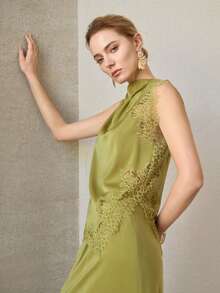 MOTF PREMIUM ELEGANT SATIN & CONTRAST LACE TOP, SPRING/SUMMER - Green - View 6