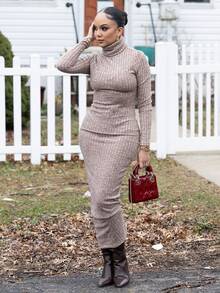 Melissa Matos Turtleneck Long Sleeve Bodycon Dress - Mocha Brown - View 4