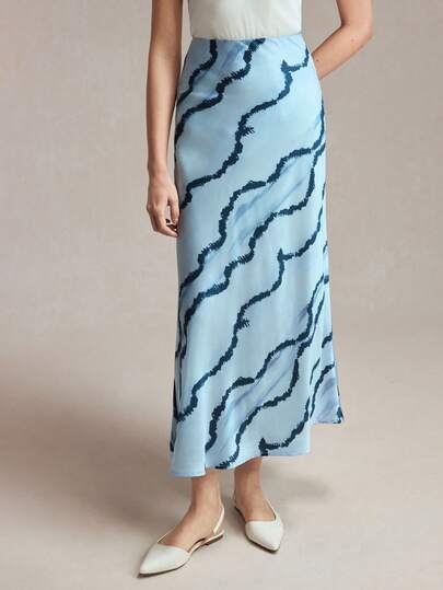 BizChic Blue Wavy Print Fishtail Hem Skirt With Invisible Zipper, Women's Versatile Summer Skirt For Easter, St. Patrick's Day, Commute, Daily, Beach, Graduation, Party, Holiday, Wedding Guest, Bridesmaid, Hostess