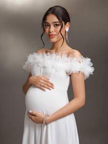 Cheriluna Maternity Đầm bầu chụp ảnh thanh lịch, màu trơn, hở vai, họa tiết hoa 3D. - trắng - Xem 7