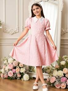 Váy dài vừa phải in hoa cho bé gái tuổi teen, phong cách ngọt ngào, thích hợp cho các buổi đi chơi, tiệc tùng, chụp ảnh và mặc hàng ngày, mùa xuân - Hồng - Xem 4