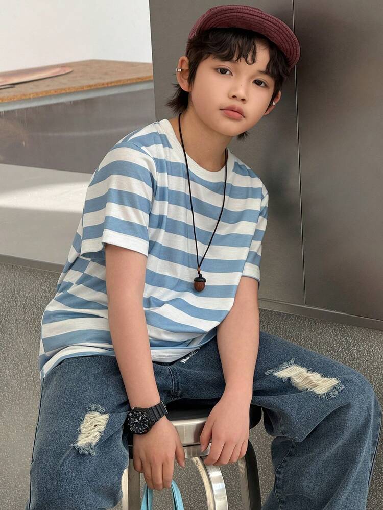 Tween Boy Striped Crew Neck Short Sleeve Casual Loose Versatile T-Shirt Summer