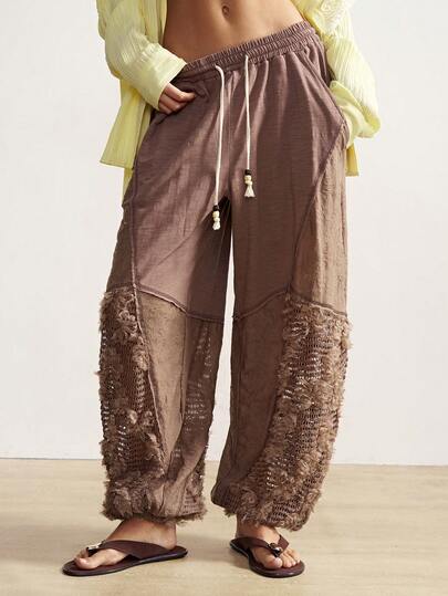 Bohemela Women's Casual Knit Patchwork Loose Drawstring Pants