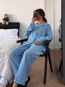 Dream Adore 泡泡纹理格子领开衫和裤子睡衣套装 - 彩色 - 查看 4