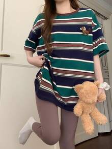 DAZY 2pcs/Set Women Cute Pony Decor Striped Short Sleeve T-Shirt & Elastic Cropped Pants Casual Outfit, Spring/Summer - Khaki - View 1