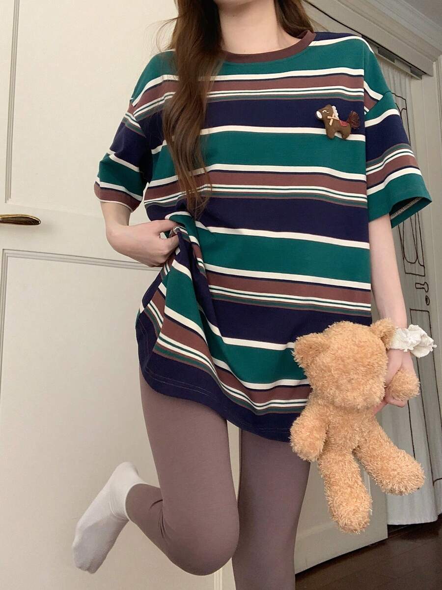 DAZY 2pcs/Set Women Cute Pony Decor Striped Short Sleeve T-Shirt & Elastic Cropped Pants Casual Outfit, Spring/Summer - Khaki - View 1