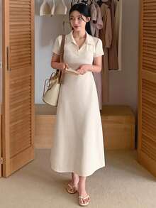 DAZY Đầm maxi nữ cổ bẻ, khóa kéo nửa thân, dáng chữ A, dài đến đầu gối. - Xám - Xem 6