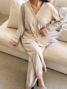 DAZY Patchwork Design Simple Knit Women Pajama Set - Khaki - View 3