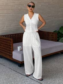 DAZY Bohemian Style Embroidered Jacquard Fabric Women Pajama Set - White - View 6