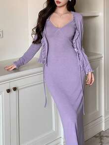 DAZY Women's Soft Cardigan & Tie-Waist Maxi Dress Homewear Set - Dusty Purple - View 5