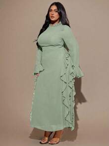 SHEIN BAE Gaun Maxi Wanita Ukuran Besar Warna Cokelat Lengan Panjang Bahan Chiffon dengan Ruffle dan Lengan Mengembang - Mint Green - View 6