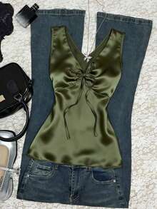 SHEIN 女士纯色V领系带优雅吊带衫 - 軍綠色 - 查看 1