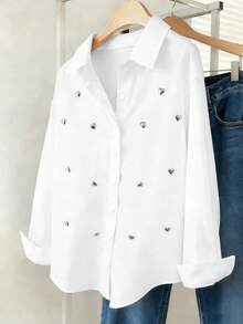 Airaco Áo sơ mi nữ dài tay, màu trơn, vai rớt, đính trái tim kim loại, kiểu dáng đơn giản, cài cúc. - trắng - Xem 3