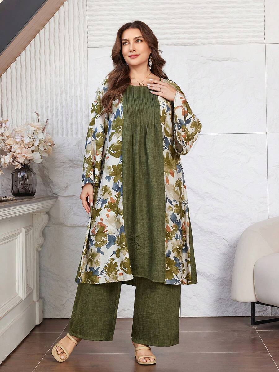 Lacomfia Plus Size 2pcs Set: Solid Color Patchwork Print Long Sleeve Midi Shirt & Elastic Waist Wide Leg Pants, Spring/Autumn - Multicolor - View 1
