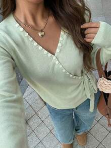 SHEIN LUNE Suéter de punto con botones decorativos y puños con lazo cruzado, de color verde claro, para uso casual y de oficina, para mujer - Verde - Ver 5