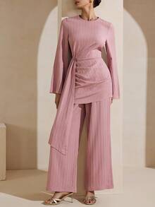 Graceveil Bộ đồ nữ tay dài màu nâu thanh lịch (2 món) - Hồng - Xem 8