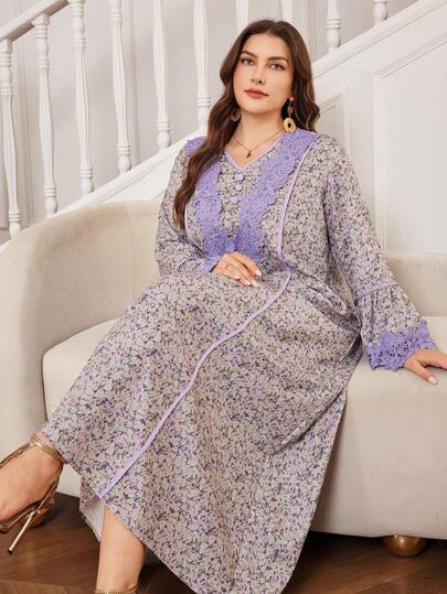 Al Najma 大码女式花卉面料蕾丝边阿拉伯风格连衣裙，春季