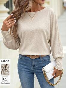 Editum 女士优雅圆领杏色柔和色长袖T恤，适合日常穿着和多种场合，秋冬季 - 卡其色 - 查看 2