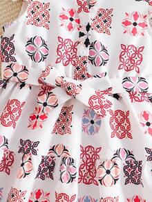 SHEIN Tween Girl White Summer Boho Floral Print Dress, Tween Girl Button Front Cutout Collar Ruffle Hem Vintage Casual Dress For Vacation, Holiday Easter Clothes - White - View 8