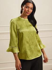 Lilora 女士优雅提花喇叭袖宽松圆领衬衫 - 綠色 - 查看 3