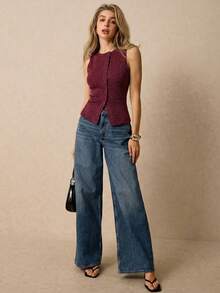 Poéselle Camiseta de tirantes con botones y lentejuelas en la parte delantera, de verano - Burdeos - Ver 1