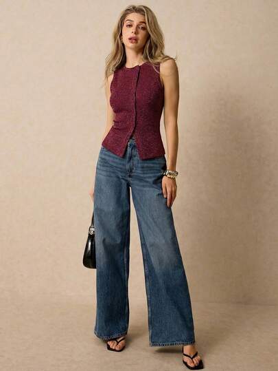 Poéselle Camiseta de tirantes con botones y lentejuelas en la parte delantera, de verano