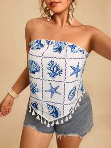 Travachic Áo croptop cỡ lớn dành cho nữ, màu xanh dương và trắng, họa tiết vỏ sò biển, kiểu áo quây phối tua rua, phong cách nhiệt đới, thích hợp cho kỳ nghỉ biển, đi chơi hoặc dạo phố. - Xanh và trắng - Xem 8