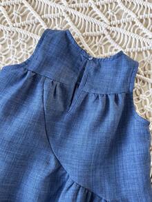 SHEIN 新生女宝宝可爱优雅蓝色蝴蝶结宽松连衣裙，夏季 - 藍色 - 查看 4