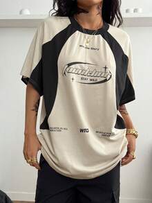 Coolane Áo thun nữ tay raglan dáng rộng in hình xe mô tô đua, phối màu, phong cách đường phố. - Màu Khaki - Xem 4