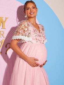 Loomaby Elegant Floral Embroidery Patchwork Baby Pink Maternity Dress For Baby Shower,Pregnant Women Summer Spring Break Outfits,Gender Reveal Party Dress - Pink - View 1