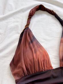 Soleia Áo nữ kiểu dáng cổ yếm, chất liệu móc len, in họa tiết nhuộm tie-dye cổ điển, thích hợp cho kỳ nghỉ xuân/hè. - Cà phê nâu - Xem 3