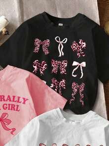 SHEIN 3 件装年轻女孩休闲卡通蝴蝶结印花短袖圆领 T 恤，适合夏季 - 彩色 - 查看 4