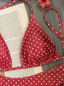 SHEIN Swim Mod 2026春夏女士波点印花挂脖泳衣，高腰泳裤，两件式比基尼套装，红色波点比基尼，度假比基尼，波点比基尼，波点泳装 - 紅色 - 查看 4