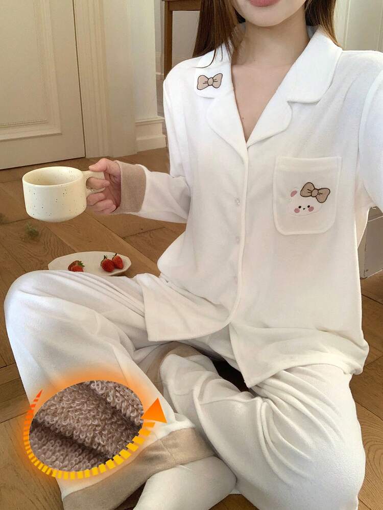 2pcs/Set Women Bow Tie & Puppy Embroidery Loose Cardigan Long Sleeve & Pants Pajama Set, Autumn/Winter