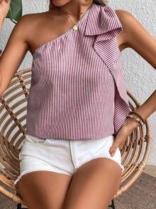 Breezaya 女士不对称领口无袖条纹印花休闲衬衫，夏季单肩上衣 - 酒紅色 - 查看 5