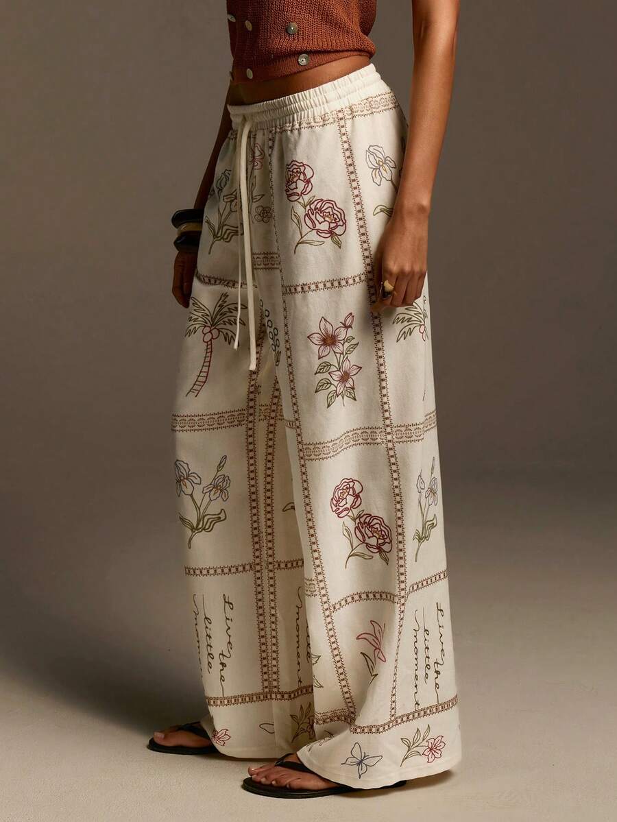 Athîral 女士休闲度假刺绣花卉边饰松紧腰长裤，春夏款 - 杏色 - 查看 1