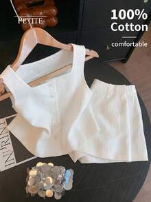 GlowEve Petite Bộ đồ nữ phong cách vintage thường ngày, chất liệu thoải mái, gồm áo cổ vuông và quần short, thích hợp mặc đi nghỉ mát và hàng ngày. - trắng - Xem 1