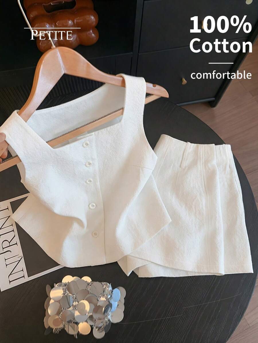 GlowEve Petite Bộ đồ nữ phong cách vintage thường ngày, chất liệu thoải mái, gồm áo cổ vuông và quần short, thích hợp mặc đi nghỉ mát và hàng ngày. - trắng - Xem 1