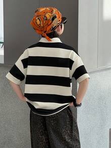 DAZY Tween Boy Casual Striped Quarter Button Short Sleeve T-Shirt, Summer - Black and White - View 5