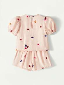 Maija Kids 两件套少女优雅都市学院风花卉刺绣圆领宽松泡泡袖上衣和短裤套装，适合返校、日常休闲穿着、外出、聚会、节日、春夏季节等场合。 - 粉色 - 查看 3