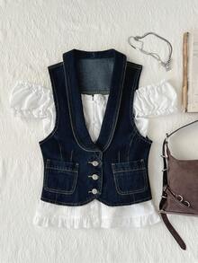 Elamini 女士单排扣口袋时尚百搭休闲牛仔夹克 - 深色水洗藍 - 查看 5