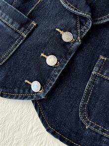 Elamini 女士单排扣口袋时尚百搭休闲牛仔夹克 - 深色水洗藍 - 查看 6